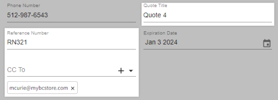 Quote Title, Reference Number, and CC To fields on the draft quote