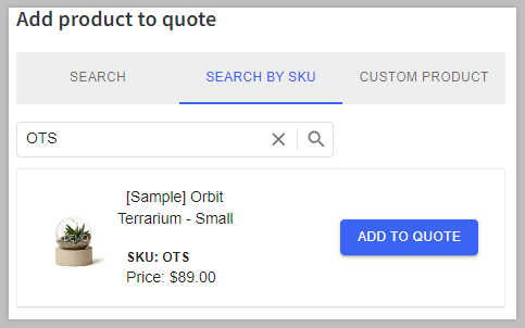 The Search by SKU tab with a SKU entered, showing results for products matching the SKU