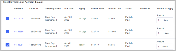 Select invoices and specify the amount paid.