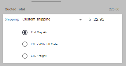 The Custom shipping option selected from the Shipping dropdown, using a custom shipping method with a user-specified shipping rate