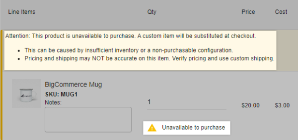 The warning banner on line items that are not purchasable, indicating that a custom item will be used instead