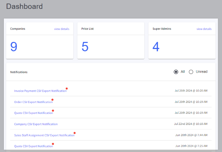 The record counts and import and export notifications in the B2B Edition control panel.