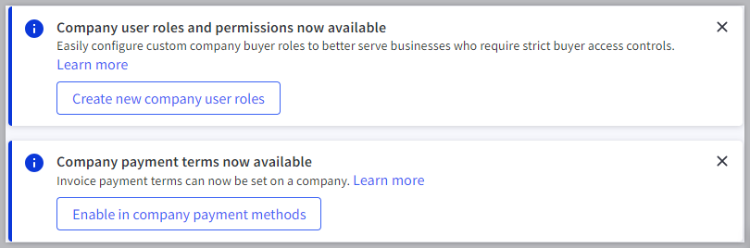 New feature banners in the B2B Edition control panel.
