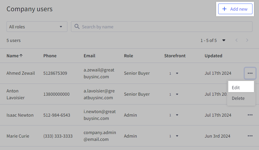 The Edit action from the action menu when viewing a Company user