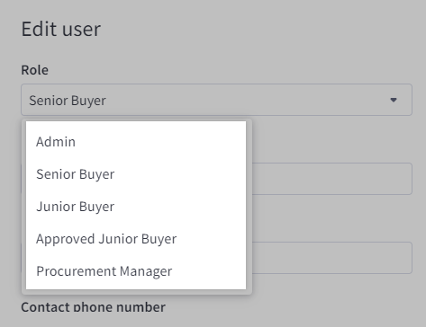 The drop-down menu of available roles for a Company user