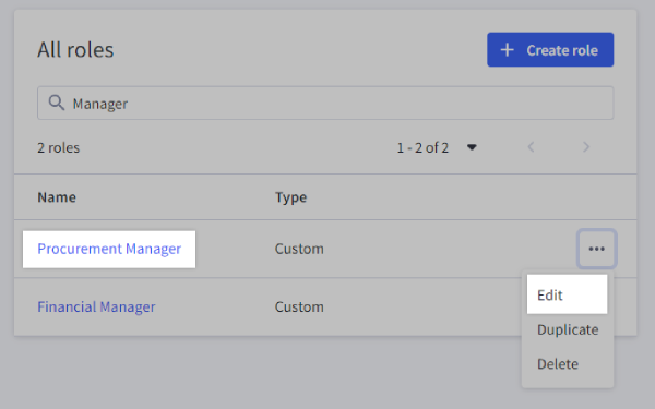 Available actions for an existing custom role in Company users and roles settings