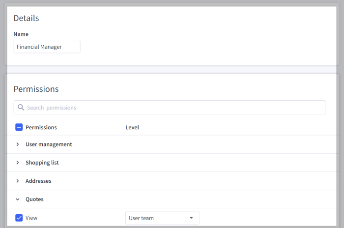 The list of buyer permissions, with some enabled. Some permission categories are collapsed.