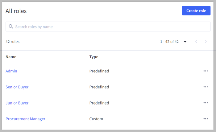 The Roles tab of Company user and role settings, with a list of user roles