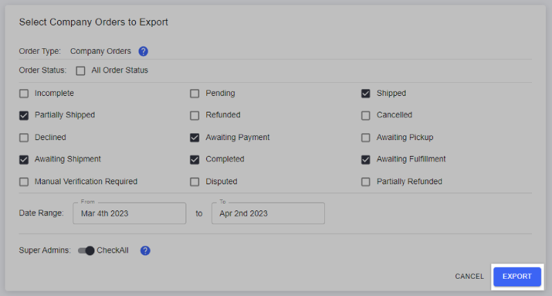 Filter the orders you want to export