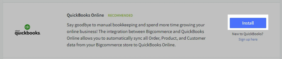 QuickBooks Online Install button in the BigCommerce control panel