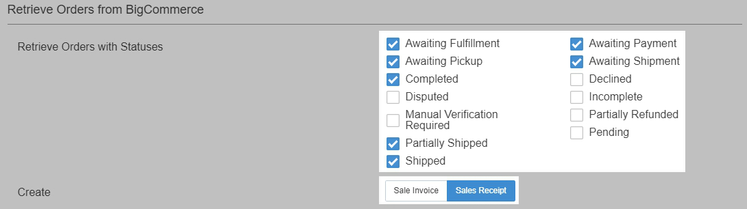 Retrieve Orders from BigCommerce settings in the QBO app