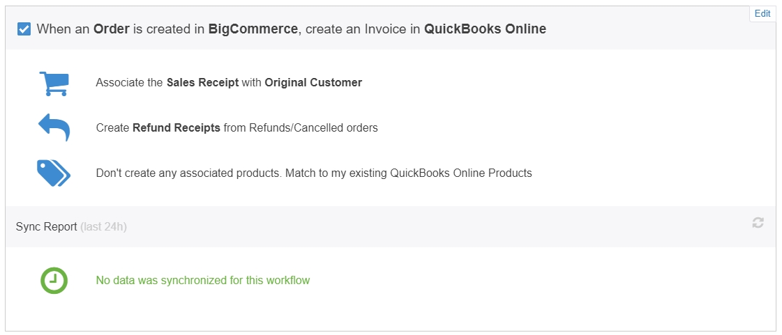 Overview of configured settings in the QBO app