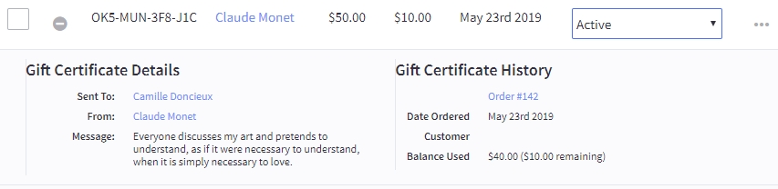 Example of a gift certificate in the BigCommerce control panel