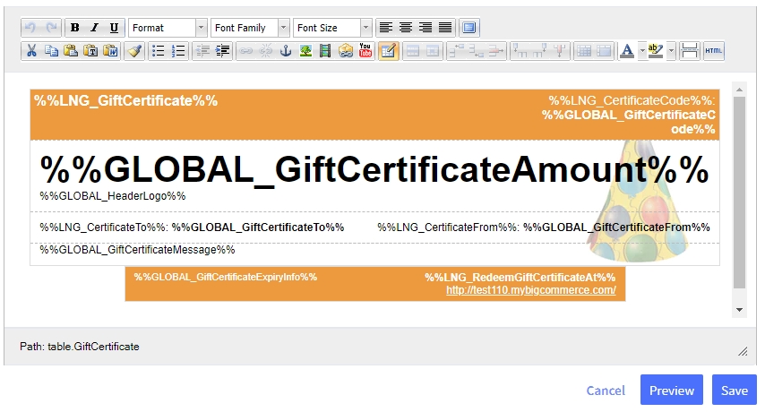 Example of a gift certificate's customize window