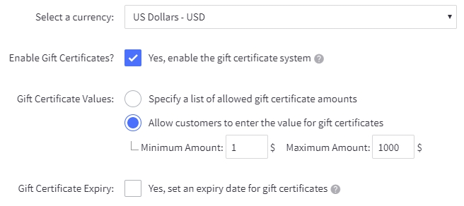 Gift Certificate settings