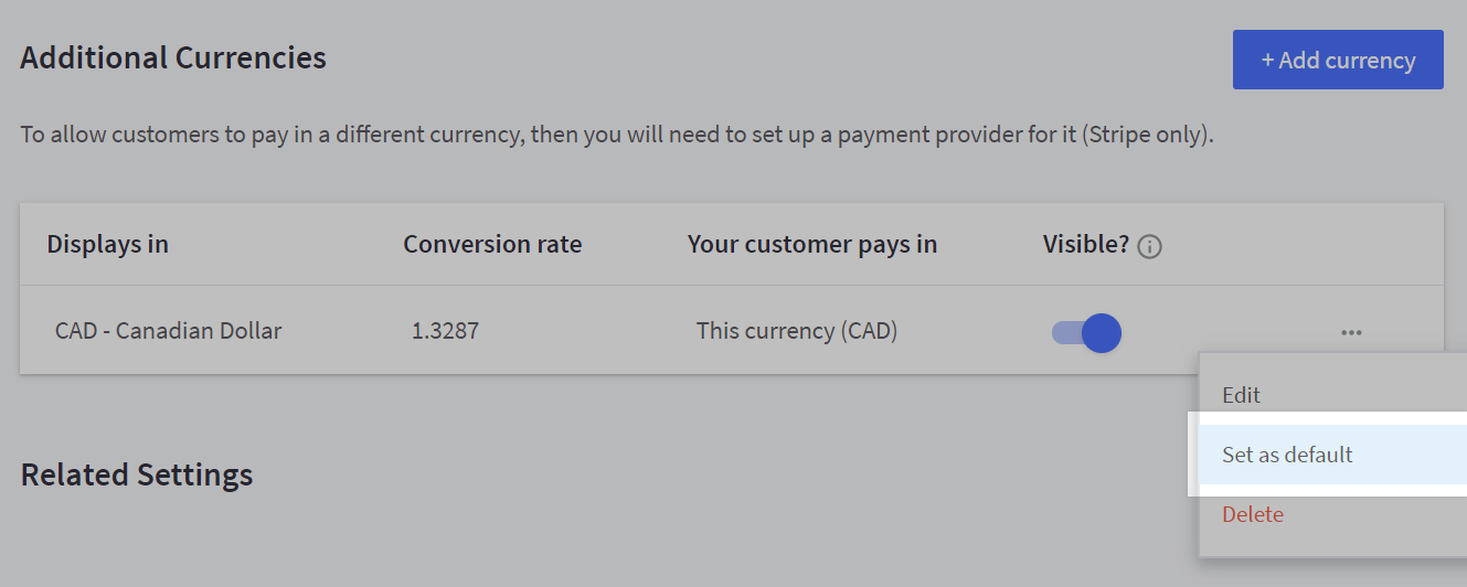 Set as default highlighted on the Managing Currencies page