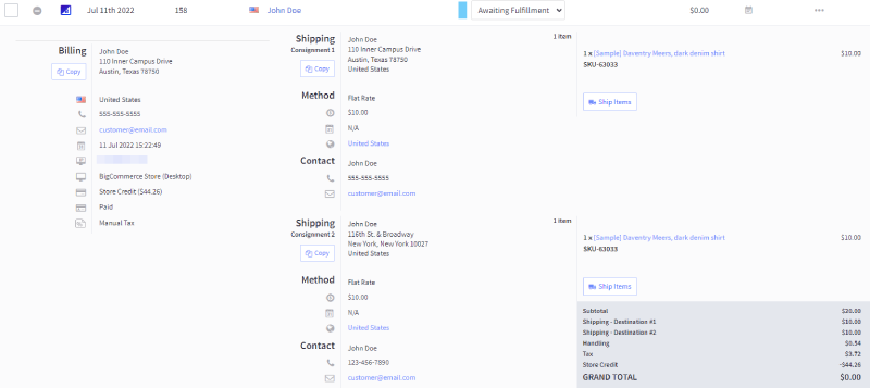 Shipping addresses are separated in the order details.