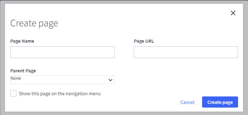Create page menu with Page Name, Page URL, and navigation options.