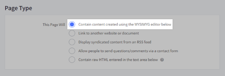 List of Page Types with Contain content created using the WYSIWYG editor below highlighted