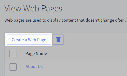 Create a Web Page button highlighted on the View Web Pages screen