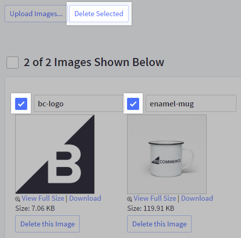 Checkboxes next to selected images and the Delete Selected button highlighted in Image Manager