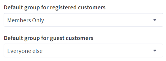 Manage Default Customer Groups showing "Members Only" under Registered Customers and "Everyone else" under Guest Customers