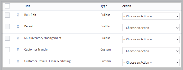 A list of built-in and custom export templates for customers