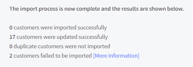A customer import summary, including a log of import errors that occurred
