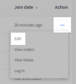 Action menu of a customer account with the Action maneu and Edit option highlighted