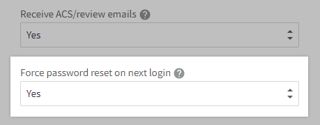 Yes option being highlighted in the Force Password Reset On Next Login drop-down menu