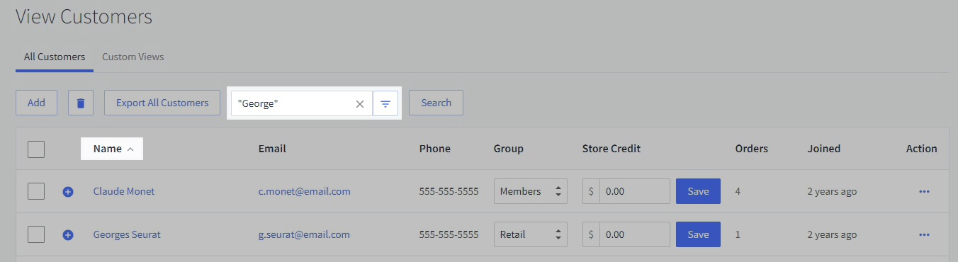 Image of user filtering a list of customers by name in their BigCommerce control panel.