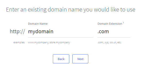 The Add an existing domain page in the Account Dashboard showing fields for Domain Name and Domain Extension.