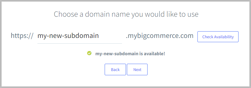 Success message showing the domain name is available to register.