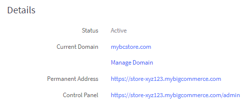 Your domain, permanent address, and control panel URLs are listed under Details