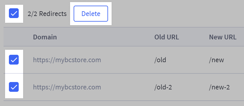 Checkboxes next to redirect records and the delete button highlighted