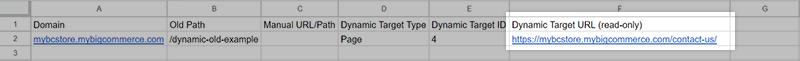 The Dynamic Target URL (read-only) column highlighted in a product export file