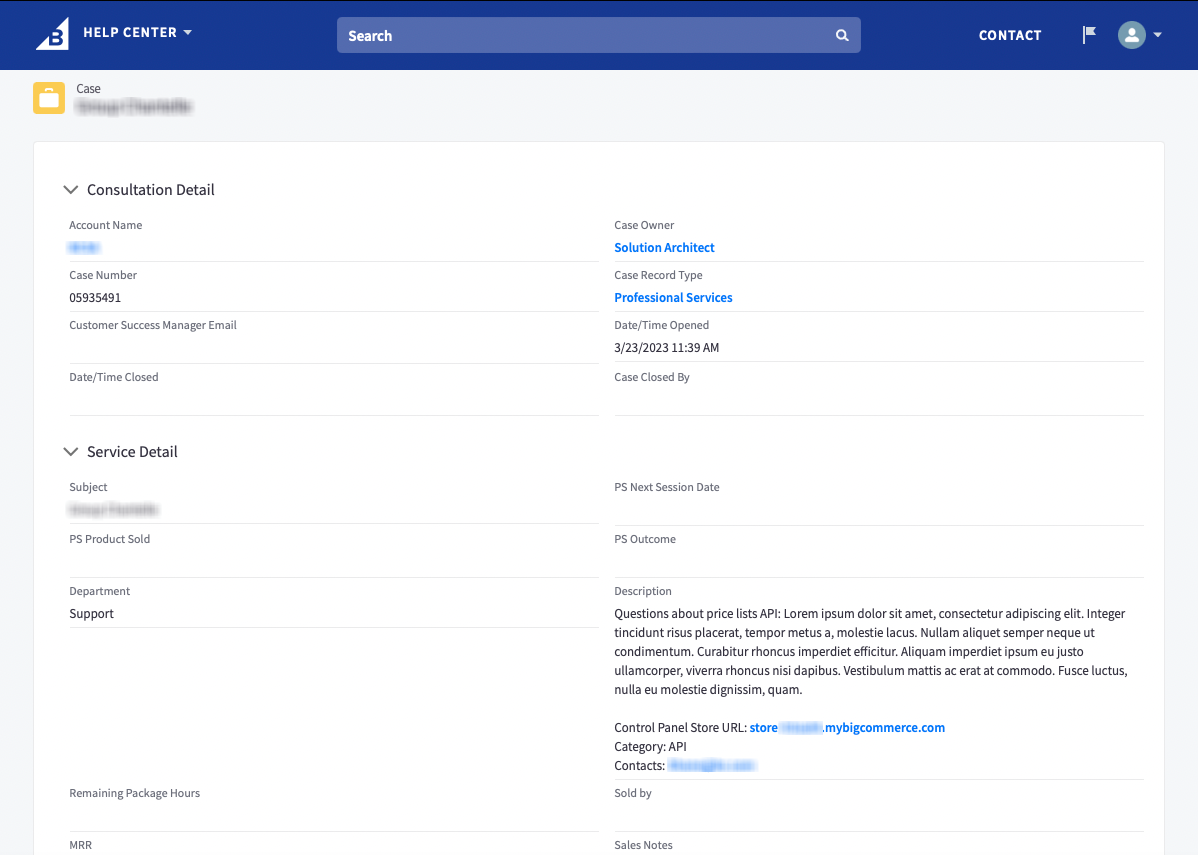 Example of the case view for a solution architect request.