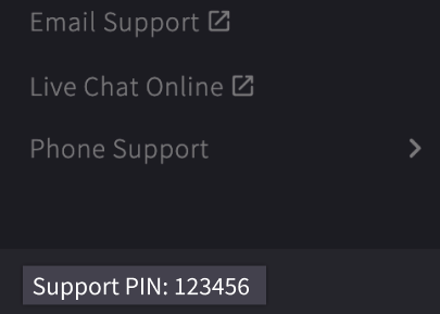 Support PIN location within the Help section of the control panel