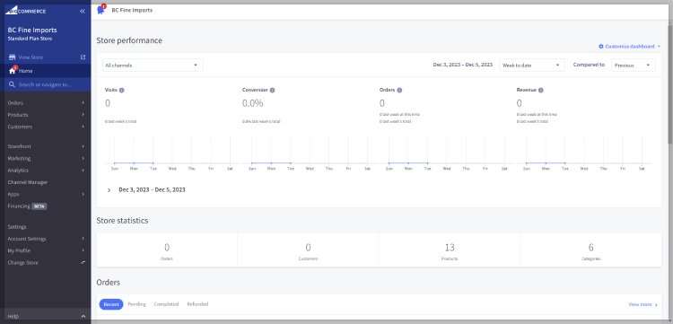 The BigCommerce control panel