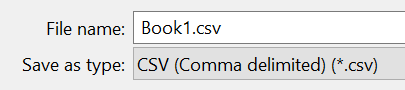 CSV selected as the type when using Save As in Microsoft Excel 2016
