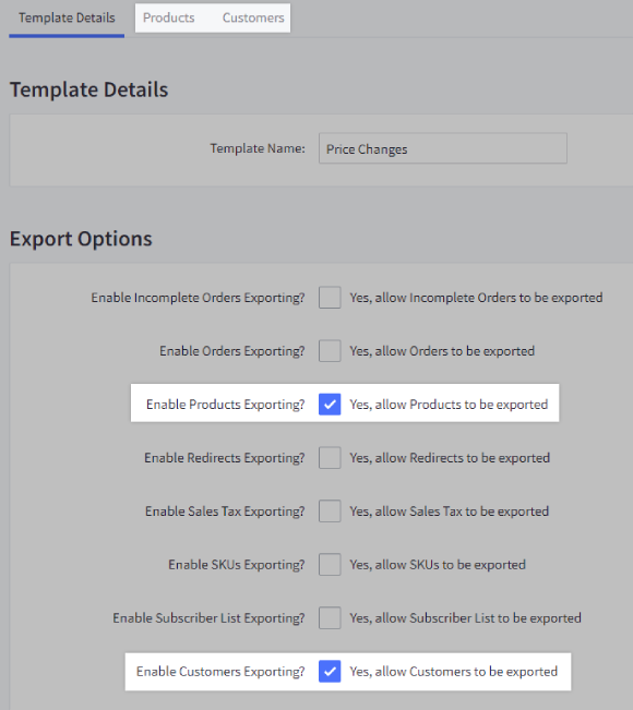 Customers and Products check boxes and tabs highlighted