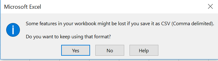 A warning in Excel when attempting to save a file as a CSV