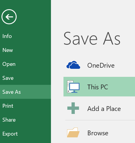 "Save As" highlighted in Microsoft Excel 2016