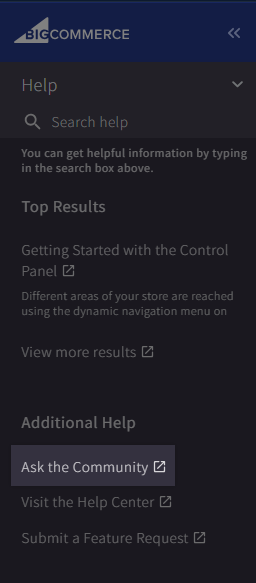 Ask the Community link highlighted in the control panel help menu