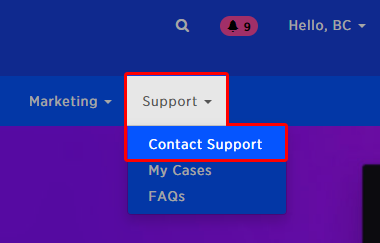 Contact Support highlighted under the Support menu.