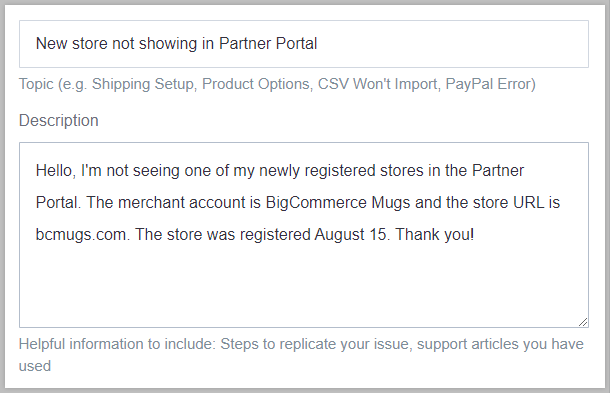 Sample case creation page, showing the subject and description fields