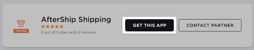 Landing page for AfterShip Shipping showing the Get This App and Contact Partner buttons.