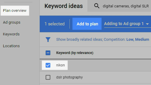 Example of adding a keyword to a plan.