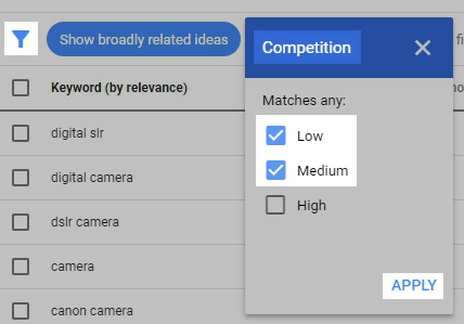 Competition keyword filter.
