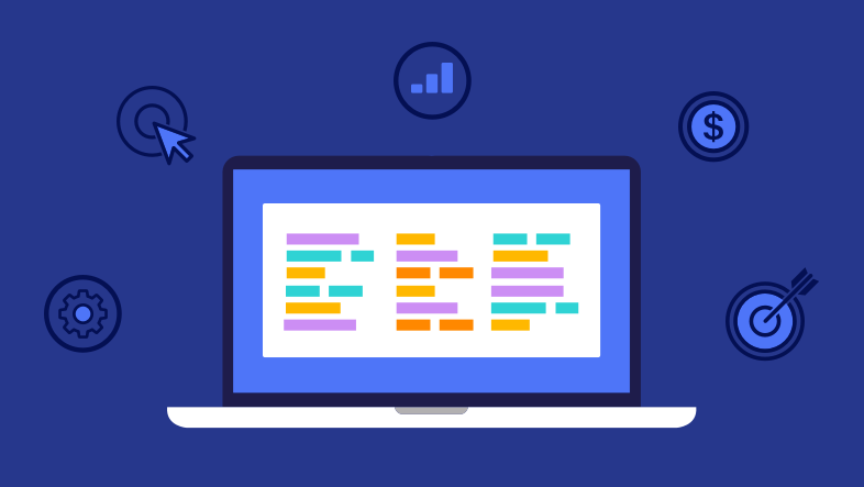 Illustration of a computer with icons representing keyword research tools